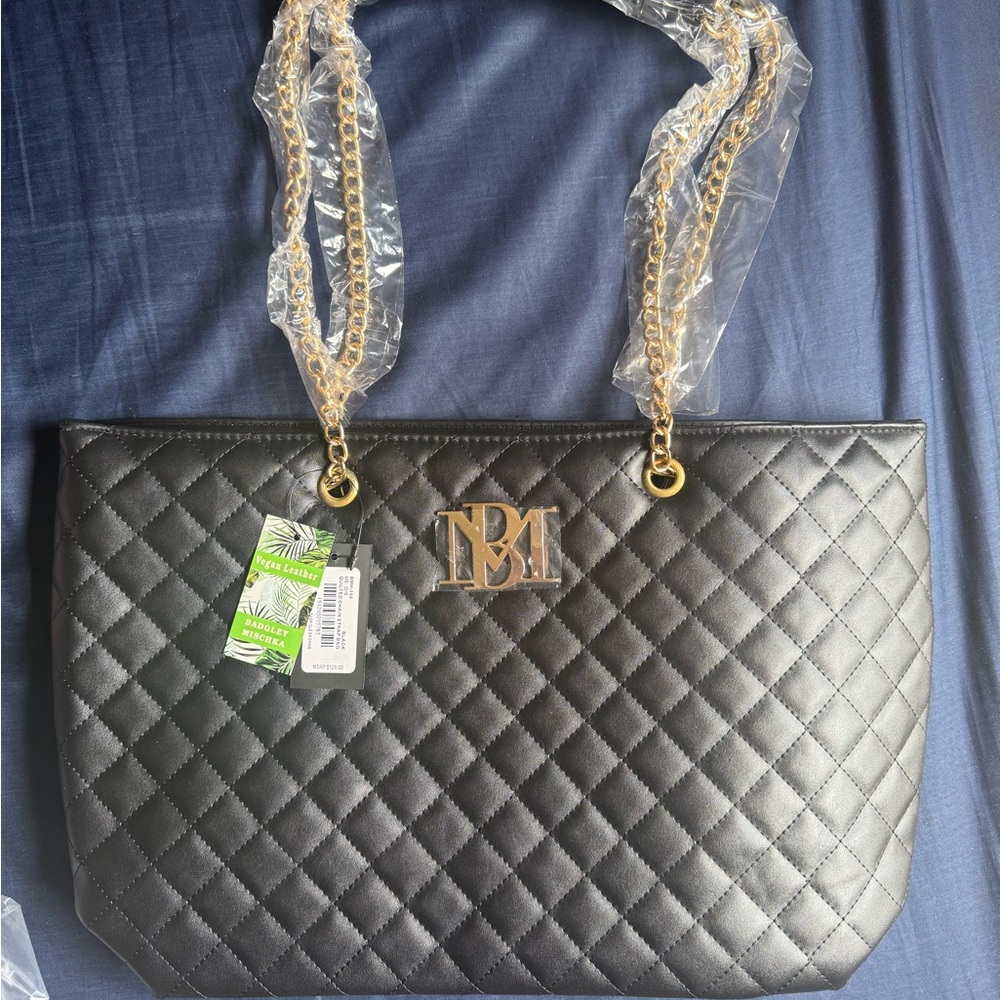 Badgley Mischka Black Quilted Tote with Gold Chain